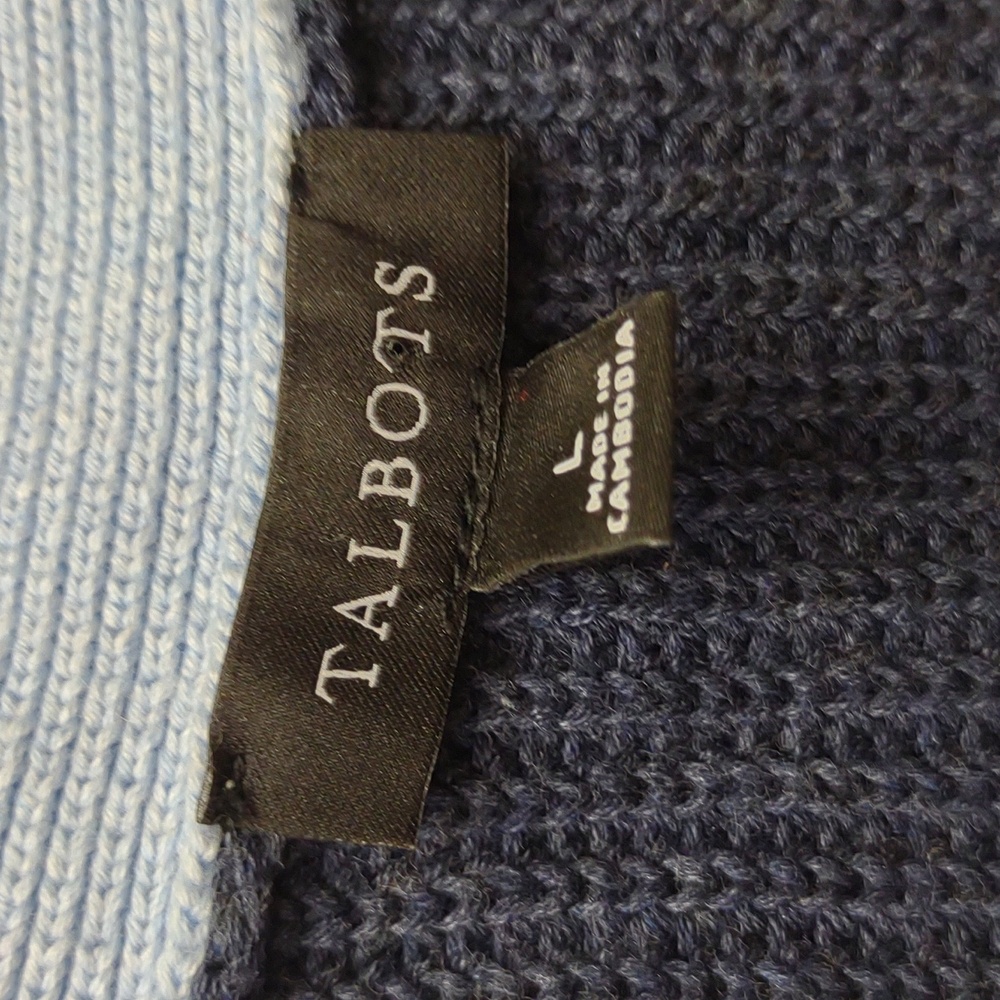 Talbots Women's Pima Cotton Blue Colorblock Shaker Stitch LS V-Neck Cardigan - Picture 4 of 8